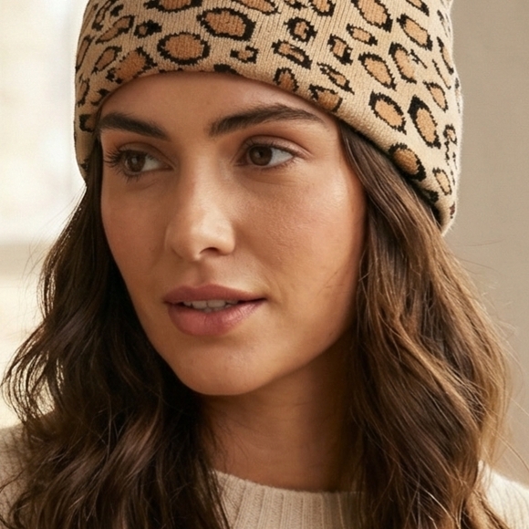 Leopard Print Beanie - Pink, Tan, White, Grey Eaveless - Picture 8 of 16